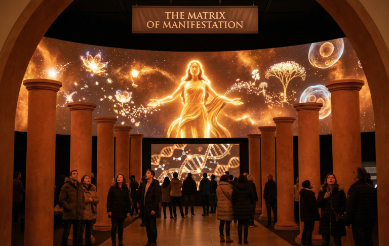 The Formula: Reality, Consciousness, and the Emotional Trigger Ein Raum mit Projektionen, die eine kreative Manifestation darstellen, umgeben von Besuchern.