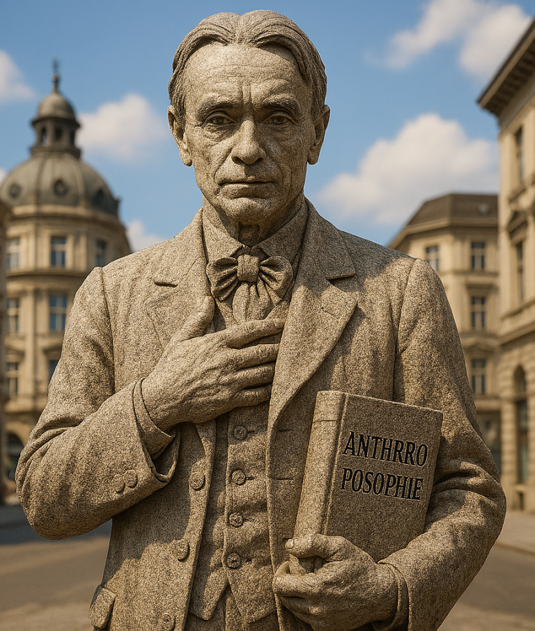 Rudolf Steiner "Leben, Werk und Wirkungs geschichte" Eine Statue eines Mannes in historischen Kleidern mit einem Buch in der Hand.