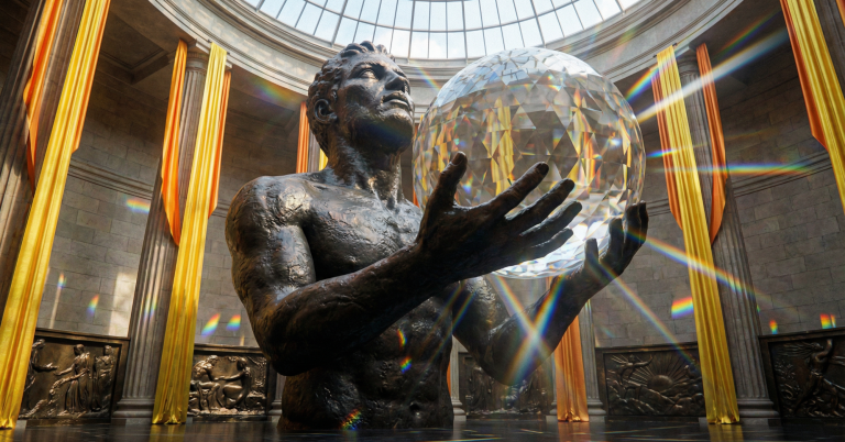 His highest power is Integrity in Observation: the ability to see reality (Dharma) as it is, without subjective projections. Integrating Hyperion means becoming the Silent Observer, illuminating the "marble of existence" for refinement. Statuette eines muskulösen Mannes, der eine Glaskugel in den Händen hält, umgeben von goldenen Vorhängen.