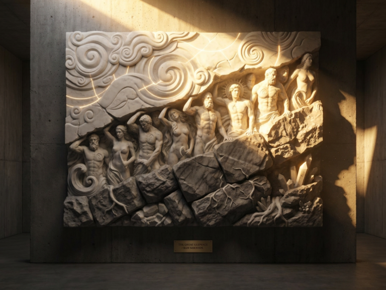 Whoever honors the rhythm of life and unites the inner polarities rises to become the conscious creator of their reality. By setting the cause of love, we reap true effect and awaken the sacred whole from the harmonious fusion of duality. Reliefskulptur mit Figuren vor einem abstract geformten Hintergrund und Lichtspiel.