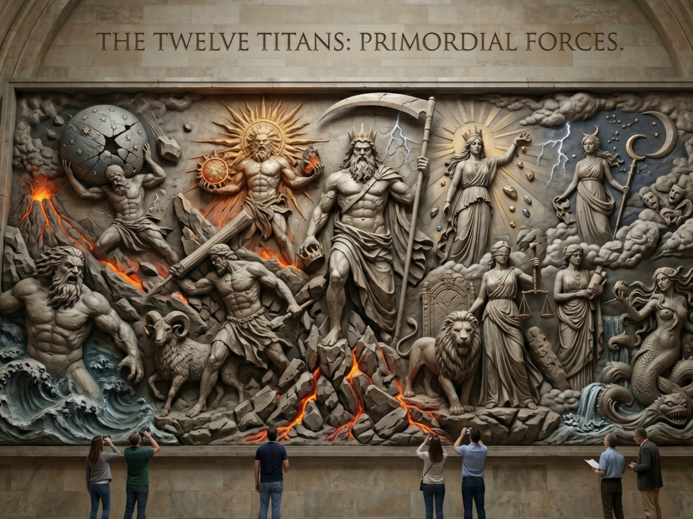 The wise men of antiquity knew that energy was consciousness in different states, so they gave each manifestation a name, a personification, and a corresponding image. Relief mit mythologischen Figuren, die Kämpfe der Titanen darstellen, mit leuchtenden Effekten.