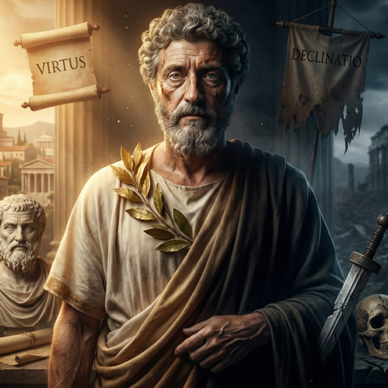 Marcus Aurelius Antoninus The Last of the Five Good Emperors: A Comprehensive Historical and Philosophical Analysis. Altrömischer Mann in Toga mit Lorbeerkranz, umgeben von Statuten und antiker Architektur.