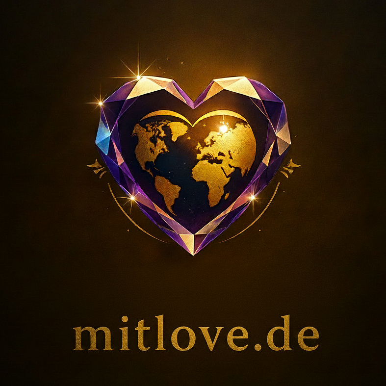 A journey through ancient wisdom, modern science, and the architecture of the human soul. Herz aus Edelstein mit Weltkarte in der Mitte und der Webseite mitlove.de darunter.