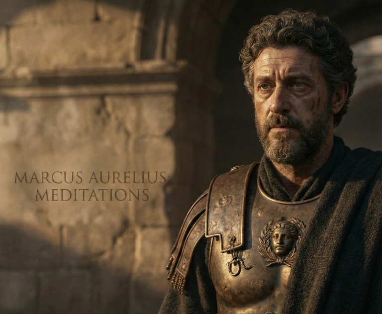 Marcus Aurelius wurde am 26. April 121 n. Chr. in Rom geboren. Porträt von Marcus Aurelius in historischer Rüstung, nachdenklicher Ausdruck.