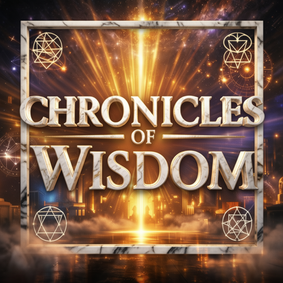 Together, we uncover the hidden patterns that connect ancient civilizations, great thinkers, and the challenges of modern life. If you seek meaning, clarity, and inner harmony, you are in the right place. Welcome home — make yourself comfortable. Titel "Chronicles of Wisdom" mit strahlendem Hintergrund und mystischen Symbolen.